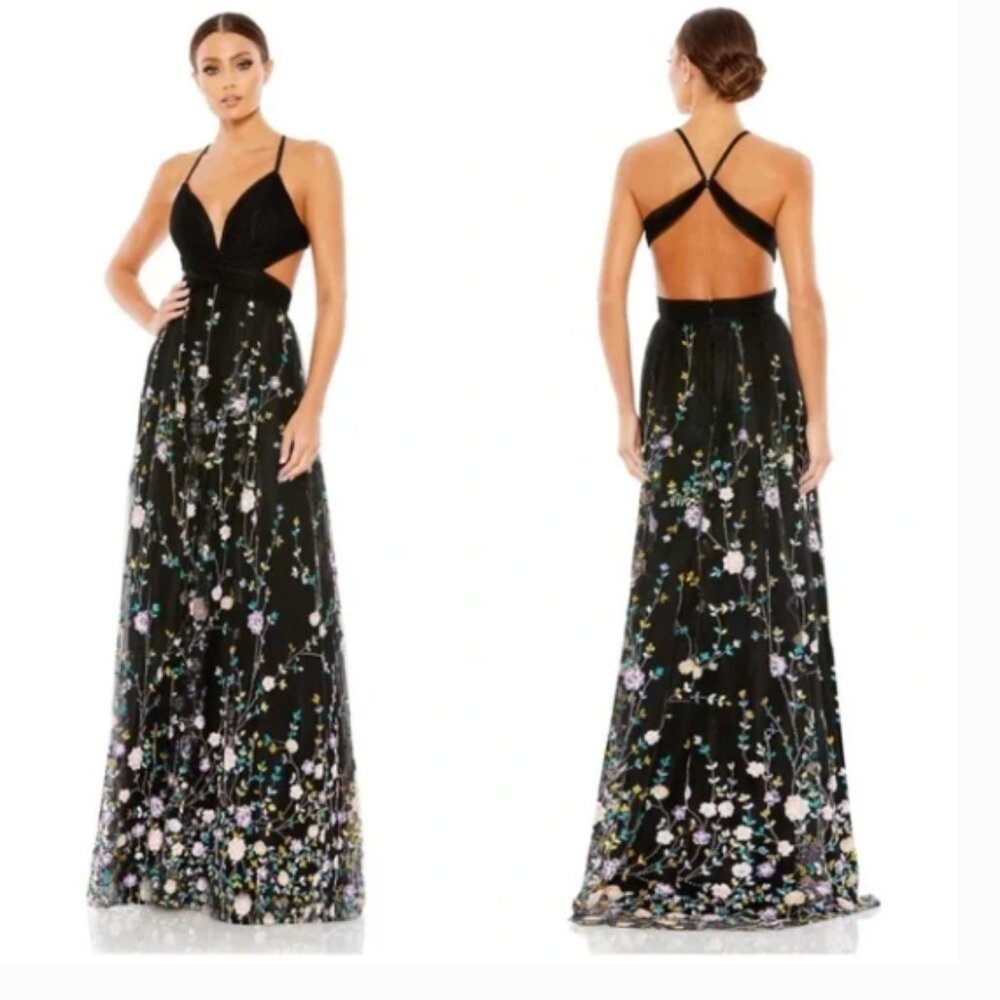 MAC DUGGAL 67976 EMBROIDERED CRISS CROSS SLEEVELESS BLACK MULTI GOWN sz 2